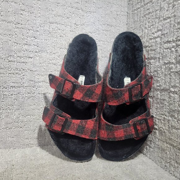 Birkenstock Arizona Shearling Mens Size EU 43 US 10 Rivet Plaid Red Slide Sandal - Picture 10 of 12